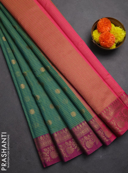 Banarasi semi dupion saree teal green and magenta pink with thread & zari woven buttas and woven border