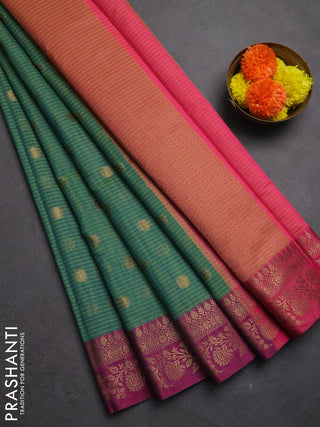 Banarasi semi dupion saree teal green and magenta pink with thread & zari woven buttas and woven border