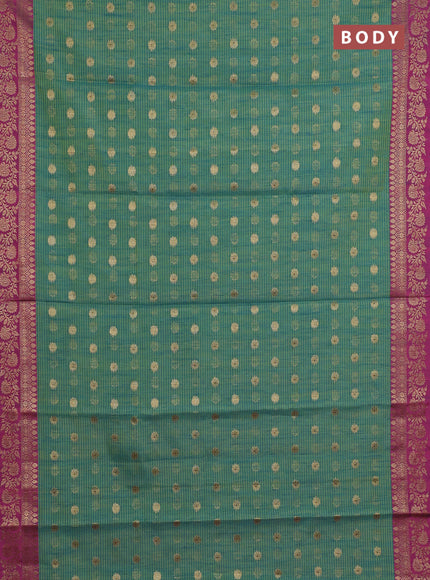 Banarasi semi dupion saree teal green and magenta pink with thread & zari woven buttas and woven border
