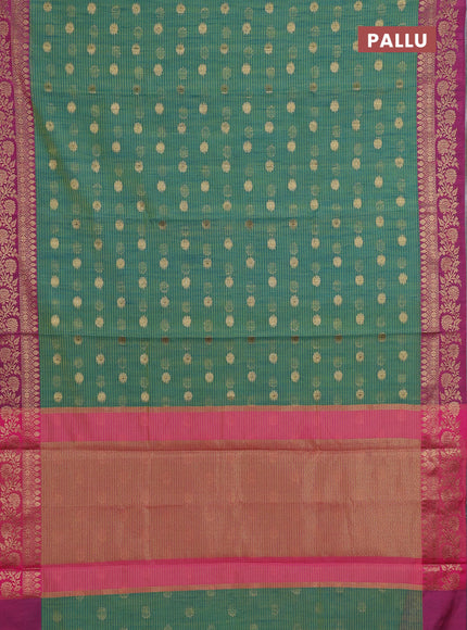 Banarasi semi dupion saree teal green and magenta pink with thread & zari woven buttas and woven border