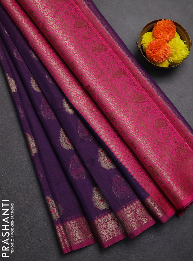 Banarasi semi dupion saree purple and magenta pink with zari woven buttas and small woven border