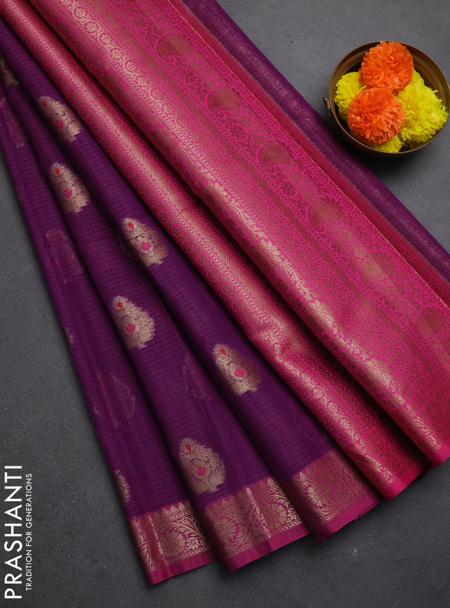 Banarasi semi dupion saree wine shade and pink with zari woven buttas and small woven border