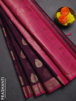 Banarasi semi dupion saree deep wine and magenta pink with zari woven buttas and small woven border