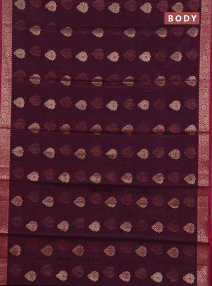 Banarasi semi dupion saree deep wine and magenta pink with zari woven buttas and small woven border