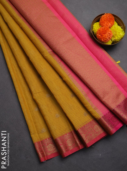 Banarasi semi dupion saree mustard yellow and pink with zari woven buttas and zari woven border