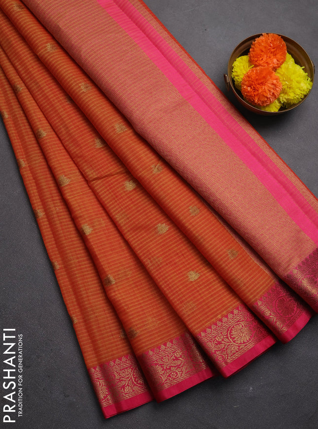 Banarasi semi dupion saree rustic orange and pink with zari woven buttas and zari woven border