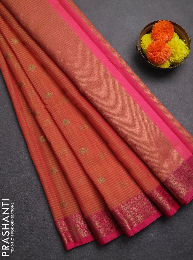 Banarasi semi dupion saree rustic orange and pink with zari woven buttas and zari woven border