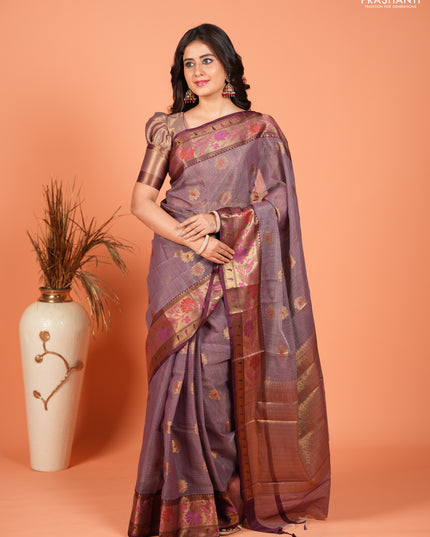 Banarasi semi dupion saree deep wine with zari woven buttas and zari woven border