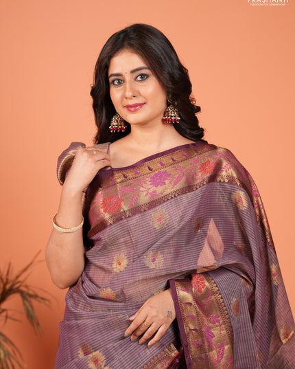 Banarasi semi dupion saree deep wine with zari woven buttas and zari woven border