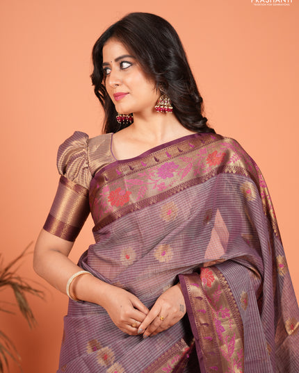 Banarasi semi dupion saree deep wine with zari woven buttas and zari woven border
