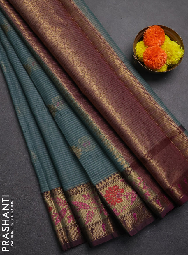 Banarasi semi dupion saree greyish green and wine shade with zari woven buttas and zari woven border