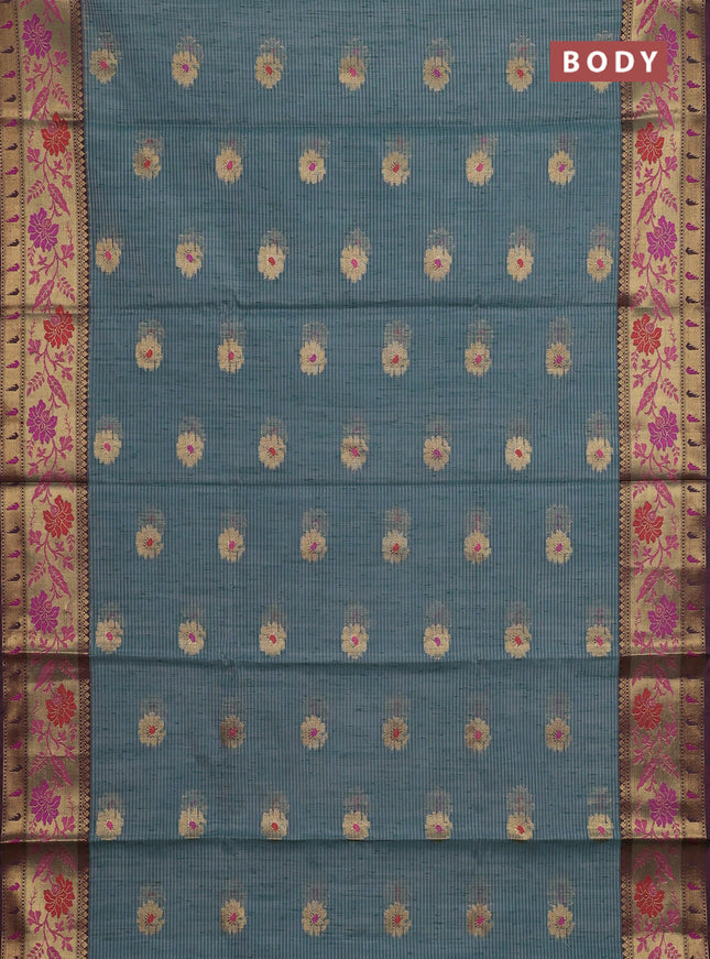Banarasi semi dupion saree greyish green and wine shade with zari woven buttas and zari woven border