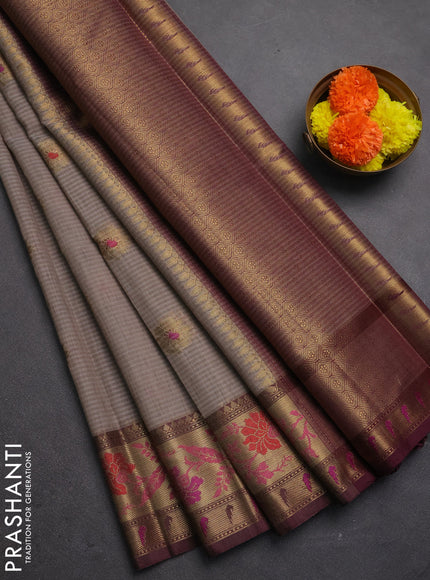 Banarasi semi dupion saree grey and wine shade with zari woven buttas and zari woven border