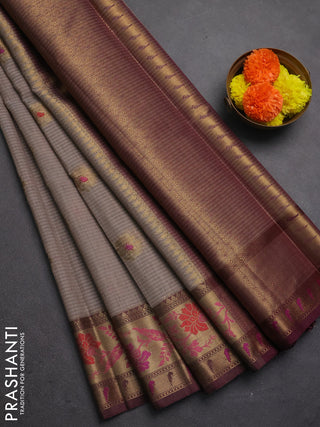 Banarasi semi dupion saree grey and wine shade with zari woven buttas and zari woven border