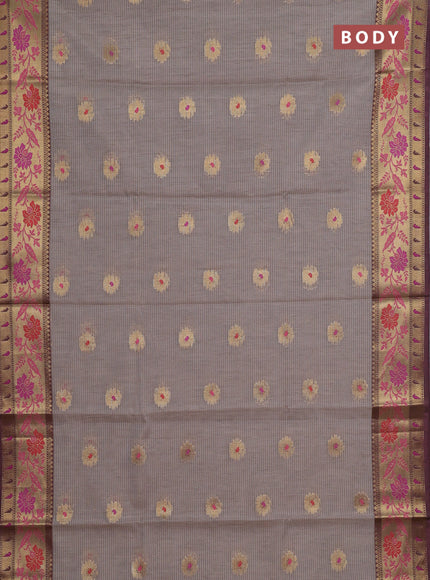 Banarasi semi dupion saree grey and wine shade with zari woven buttas and zari woven border