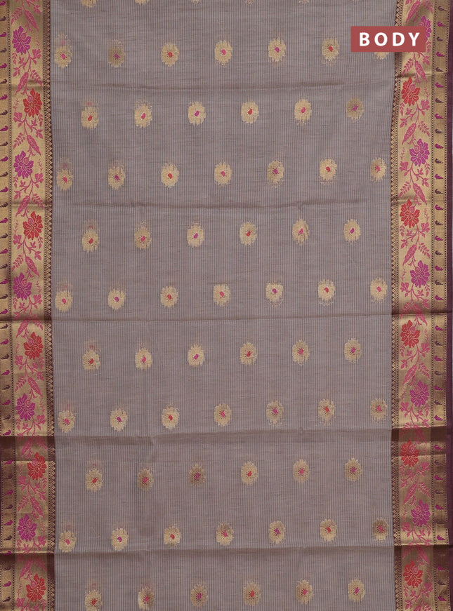 Banarasi semi dupion saree grey and wine shade with zari woven buttas and zari woven border