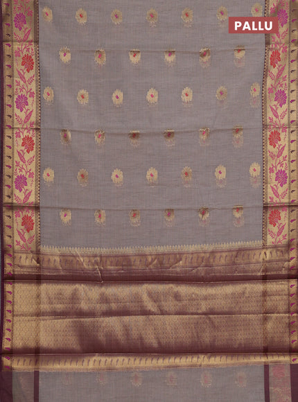 Banarasi semi dupion saree grey and wine shade with zari woven buttas and zari woven border