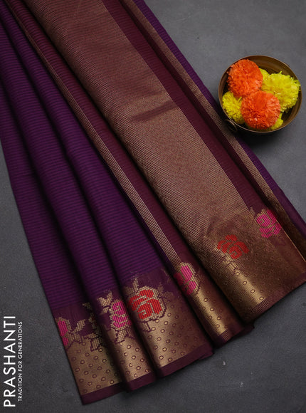 Banarasi semi dupion saree purple and coffee brown with allover weaves pattern and woven border
