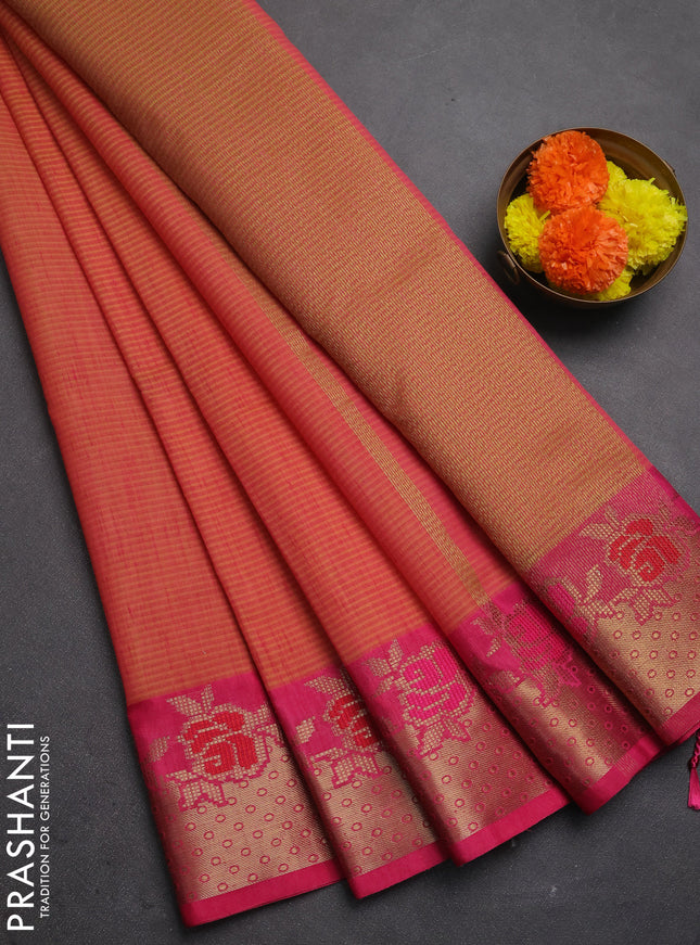Banarasi semi dupion saree dual shade of pinkish yellow and pink with allover weaves pattern and woven border