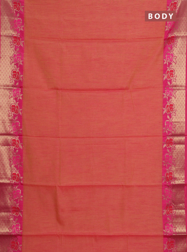 Banarasi semi dupion saree dual shade of pinkish yellow and pink with allover weaves pattern and woven border