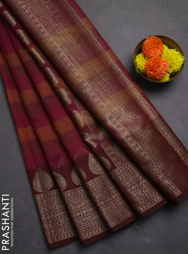 Banarasi semi dupion saree deep maroon with plain body and woven border