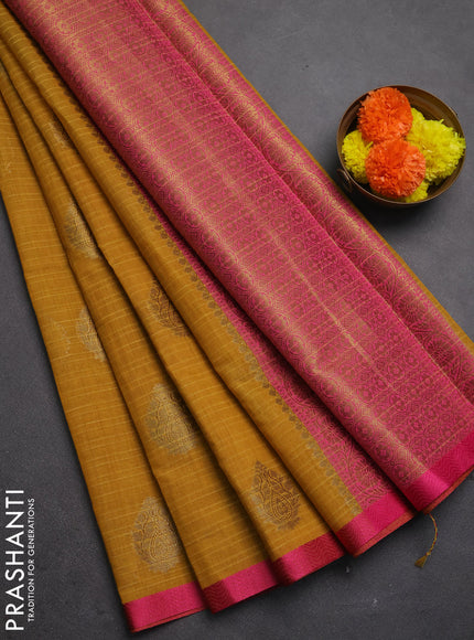 Banarasi semi dupion saree mustard yellow and pink with allover thread & zari woven buttas and small thread woven border