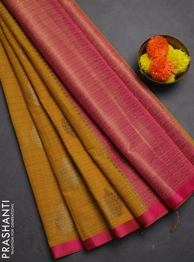 Banarasi semi dupion saree mustard yellow and pink with allover thread & zari woven buttas and small thread woven border