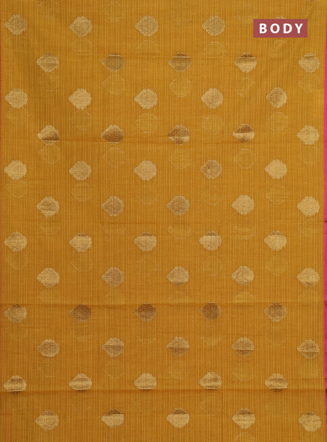 Banarasi semi dupion saree mustard yellow and pink with allover thread & zari woven buttas and small thread woven border
