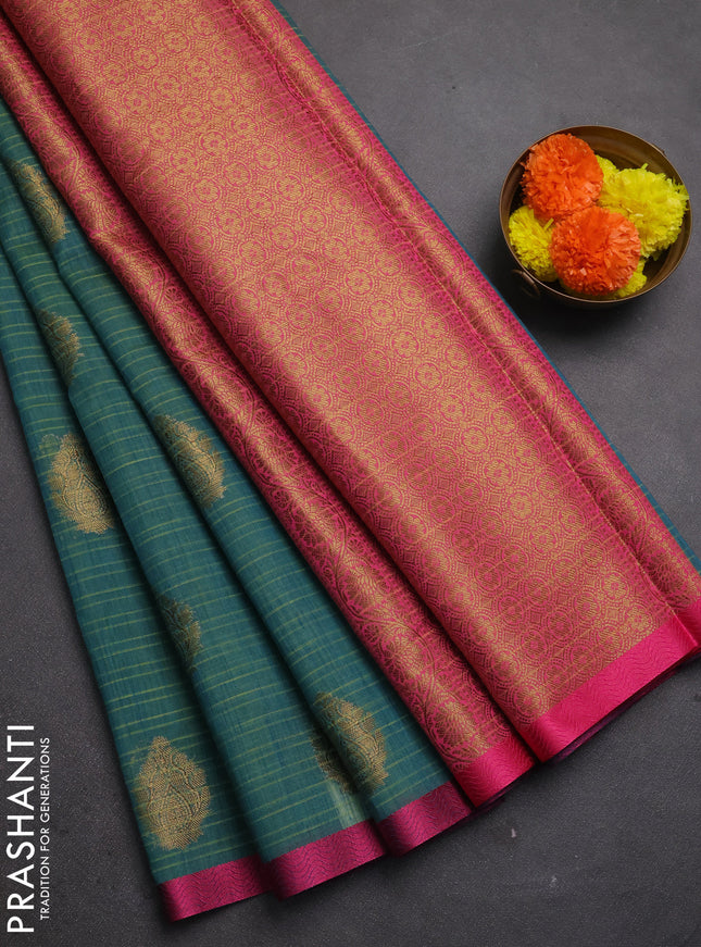 Banarasi semi dupion saree teal green and pink with allover thread & zari woven buttas and small thread woven border
