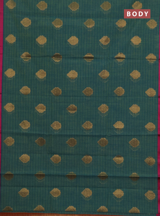 Banarasi semi dupion saree teal green and pink with allover thread & zari woven buttas and small thread woven border