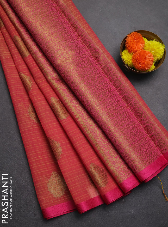 Banarasi semi dupion saree dual shade of pinkish yellow and pink with allover thread & zari woven buttas and small thread woven border