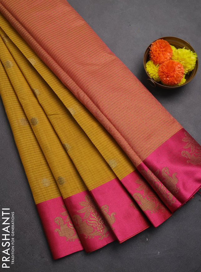 Banarasi semi dupion saree mustard green and pink with allover thread & zari woven buttas and woven butta border