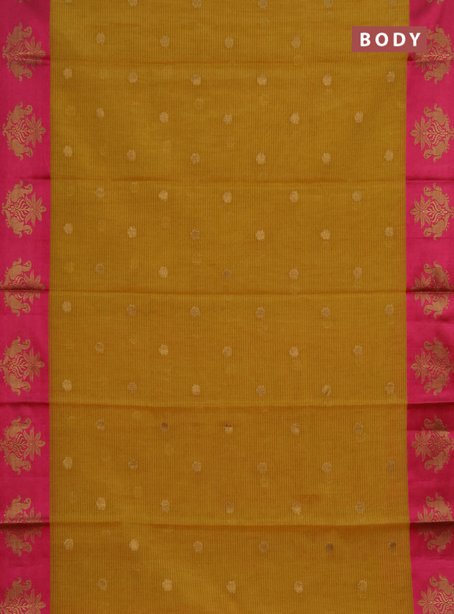 Banarasi semi dupion saree mustard green and pink with allover thread & zari woven buttas and woven butta border