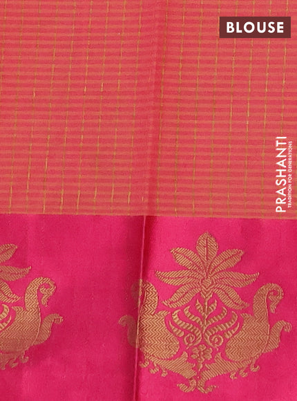 Banarasi semi dupion saree mustard green and pink with allover thread & zari woven buttas and woven butta border