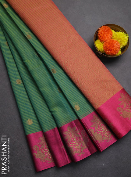 Banarasi semi dupion saree teal green and pink with allover thread & zari woven buttas and woven butta border
