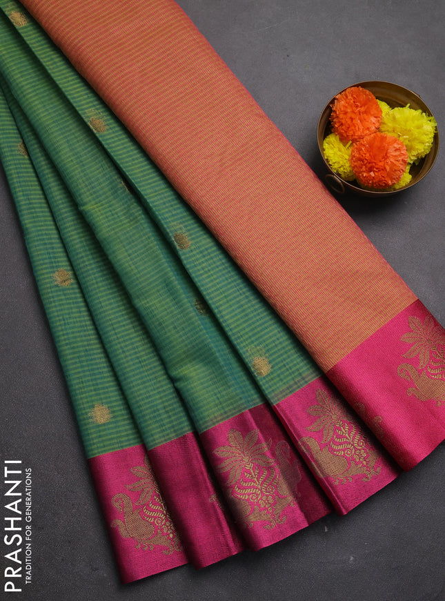 Banarasi semi dupion saree teal green and pink with allover thread & zari woven buttas and woven butta border