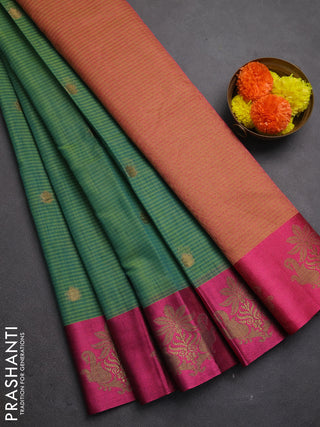 Banarasi semi dupion saree teal green and pink with allover thread & zari woven buttas and woven butta border