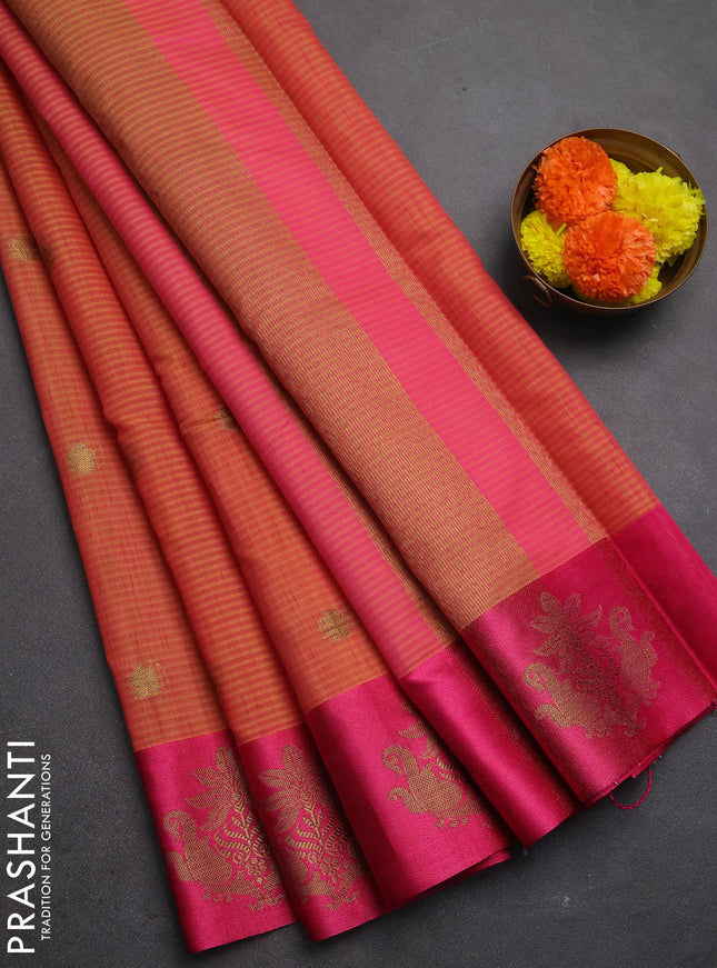 Banarasi semi dupion saree mustard yellow and pink with allover thread & zari woven buttas and woven butta border