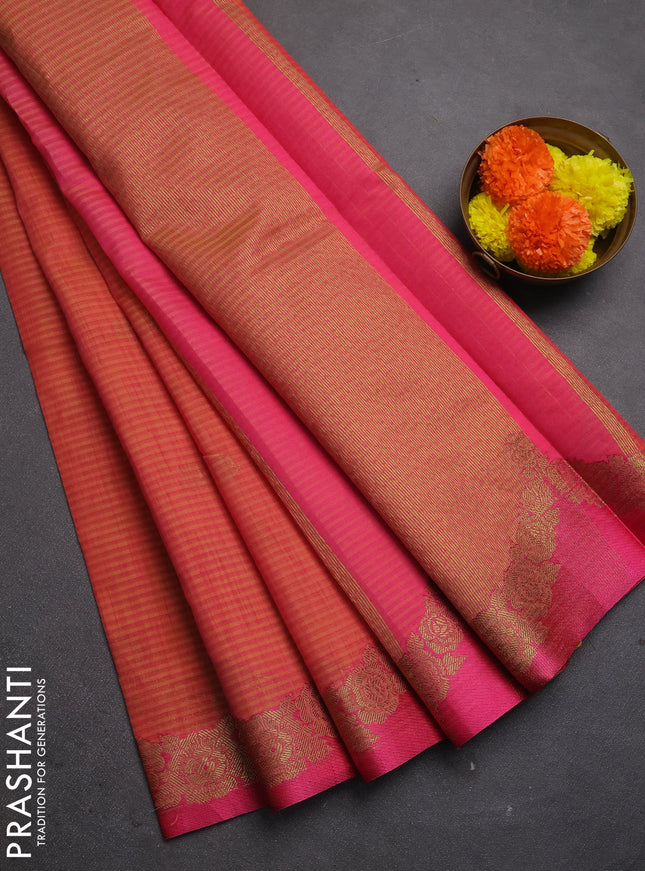 Banarasi semi dupion saree dual shade of pinkish yellow and pink with allover thread & zari woven buttas and woven border