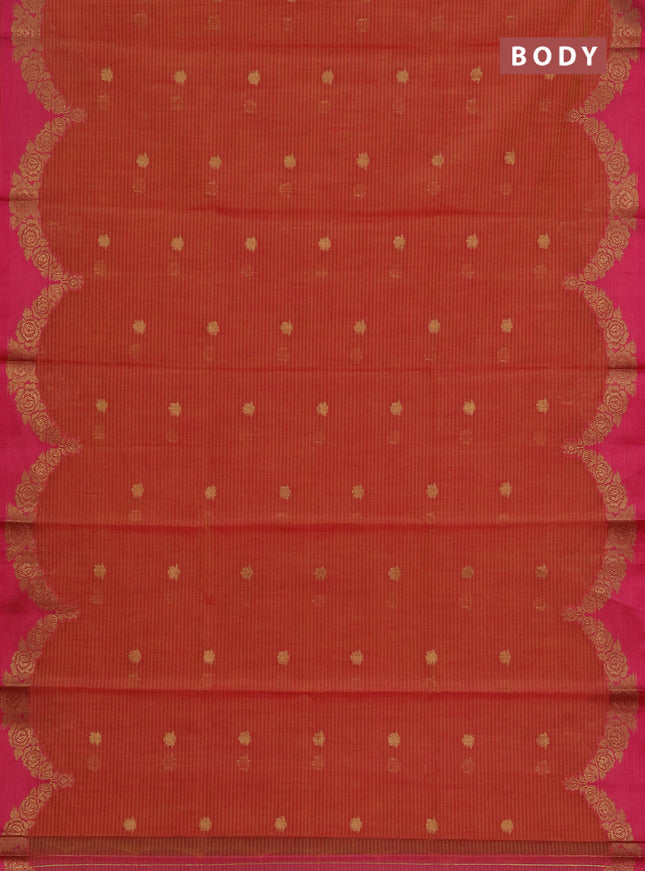 Banarasi semi dupion saree dual shade of pinkish yellow and pink with allover thread & zari woven buttas and woven border
