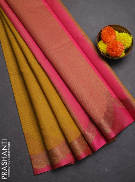 Banarasi semi dupion saree mustard yellow and pink with allover thread & zari woven buttas and woven border