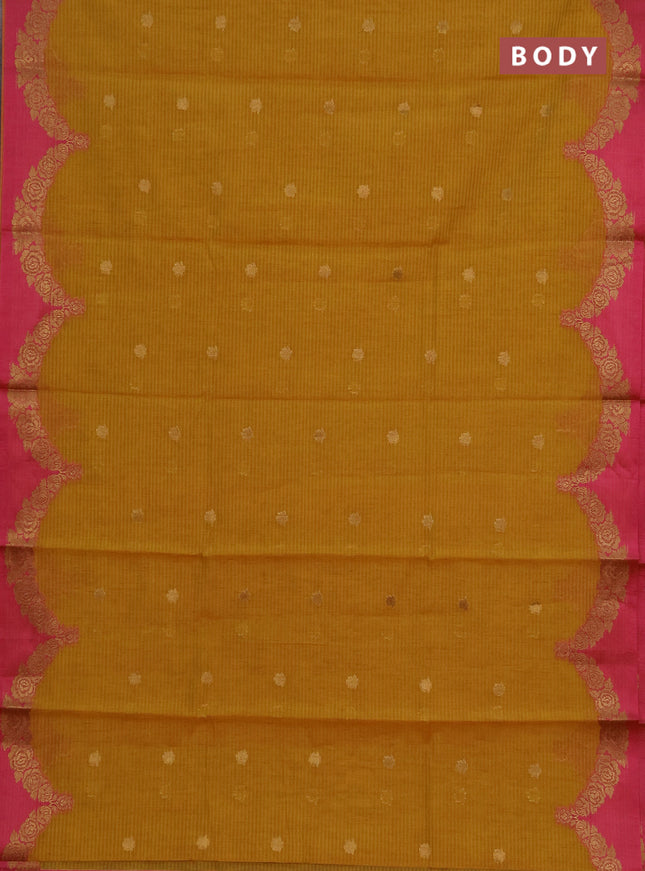 Banarasi semi dupion saree mustard yellow and pink with allover thread & zari woven buttas and woven border
