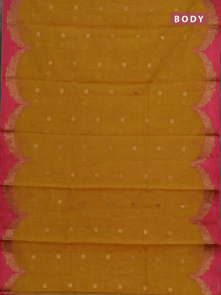 Banarasi semi dupion saree mustard yellow and pink with allover thread & zari woven buttas and woven border