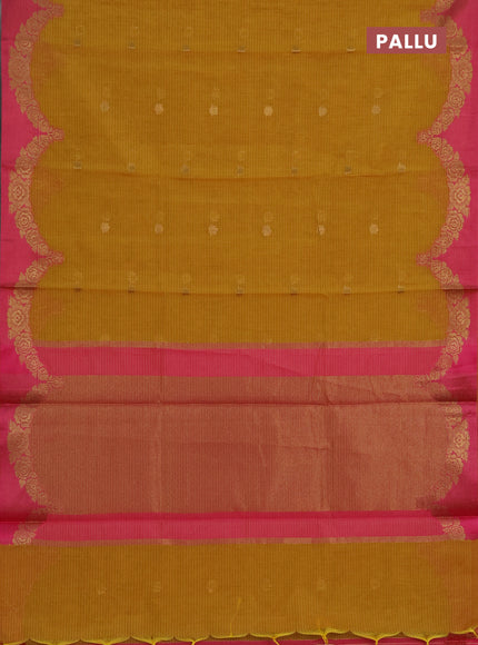 Banarasi semi dupion saree mustard yellow and pink with allover thread & zari woven buttas and woven border