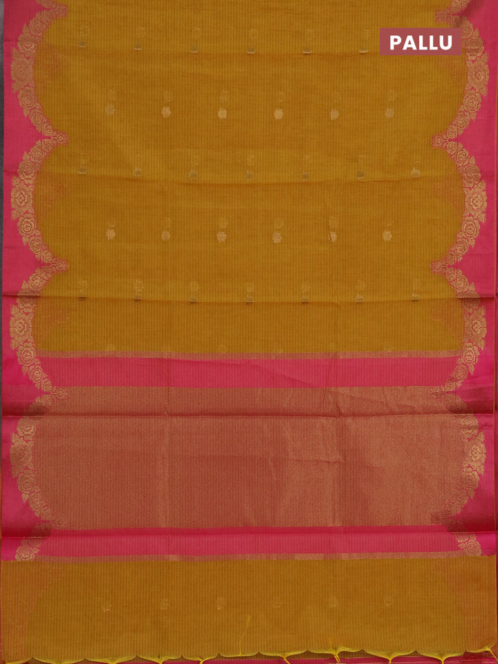 Banarasi semi dupion saree mustard yellow and pink with allover thread & zari woven buttas and woven border