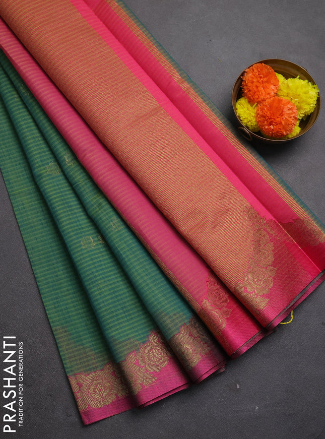 Banarasi semi dupion saree teal green and pink with allover thread & zari woven buttas and woven border