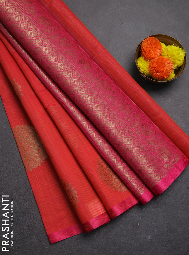 Banarasi semi dupion saree dual shade of pinkish orange and pink with allover thread & zari woven buttas and small thread woven border