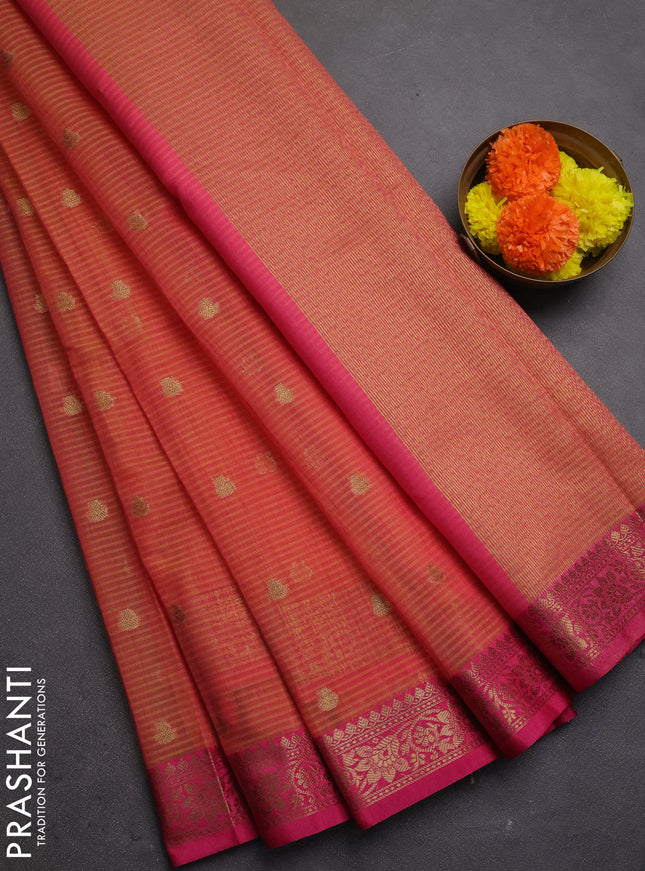 Banarasi semi dupion saree dual shade of pinkish yellow and pink with allover woven buttas and woven border