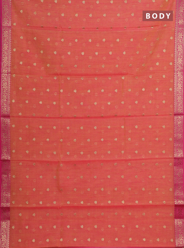 Banarasi semi dupion saree dual shade of pinkish yellow and pink with allover woven buttas and woven border