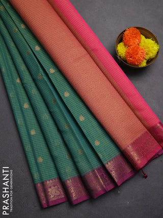 Banarasi semi dupion saree teal green and magenta pink with allover woven buttas and woven border